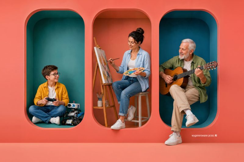 Dziecko z robotem, kobieta malująca obraz oraz senior grający na gitarze – grafika promująca targi edukacyjne „Sprawdź, co Cię kręci!” w Galerii Solnej.