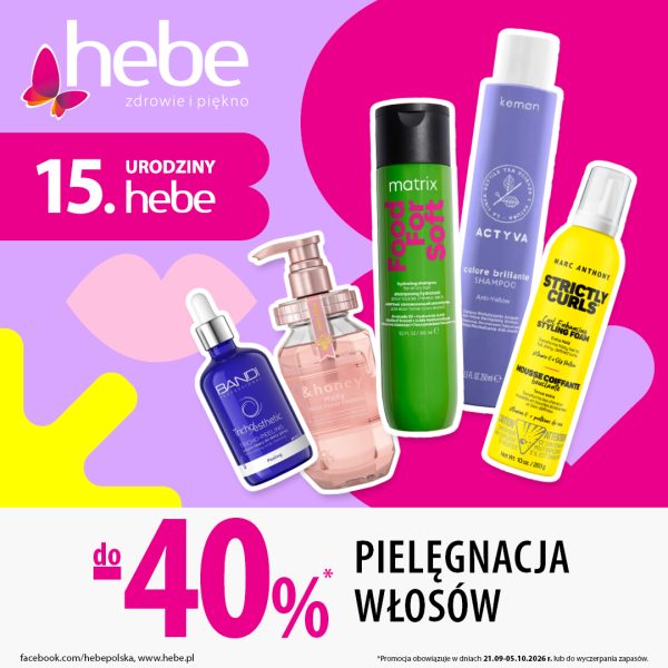 Baner promocyjny drogerii Hebe z okazji 15. urodzin, zaprezentowany na fioletowo-różowym tle z grafiką ust. Na zdjęciu przedstawiono kosmetyki do włosów: tricho-peeling Bandi, szampon &honey Melty, szampon Matrix Food For Soft, szampon Kemon Actyva Colore Brillante oraz piankę do loków Marc Anthony Strictly Curls. W lewym górnym rogu znajduje się logo „hebe zdrowie i piękno” oraz napis „15. URODZINY hebe”. Na dole umieszczono duży napis „do -40% PIELĘGNACJA WŁOSÓW” z informacją o czasie trwania promocji: 21.09-05.10.2026 r. lub do wyczerpania zapasów.