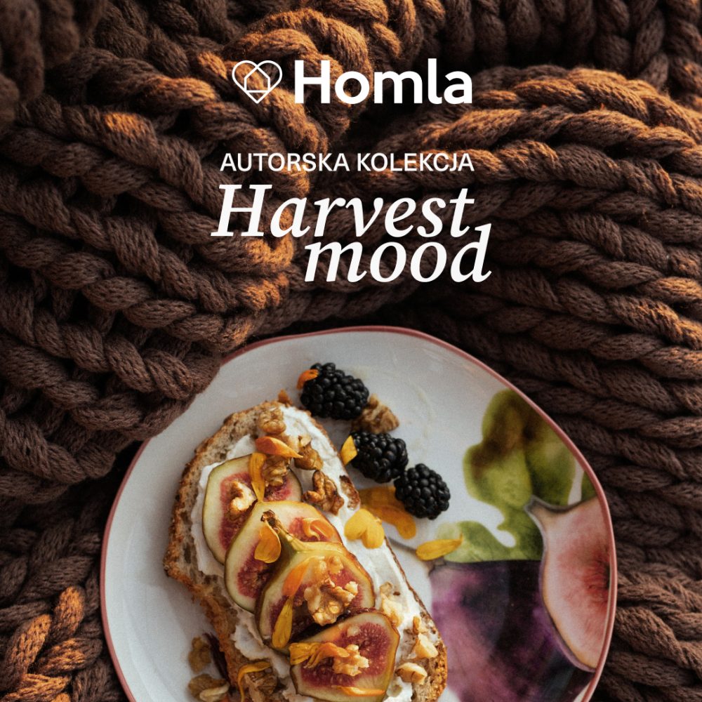 Baner promocyjny marki Homla na tle brązowego, plecionego koca o grubym splocie. U góry widnieje białe logo „Homla” oraz napis „AUTORSKA KOLEKCJA Harvest mood”. W dolnej części umieszczono wzorzysty talerz ze śniadaniową kanapką na chlebie, udekorowaną plasterkami świeżych fig, orzechami włoskimi, płatkami kwiatów oraz jeżynami.