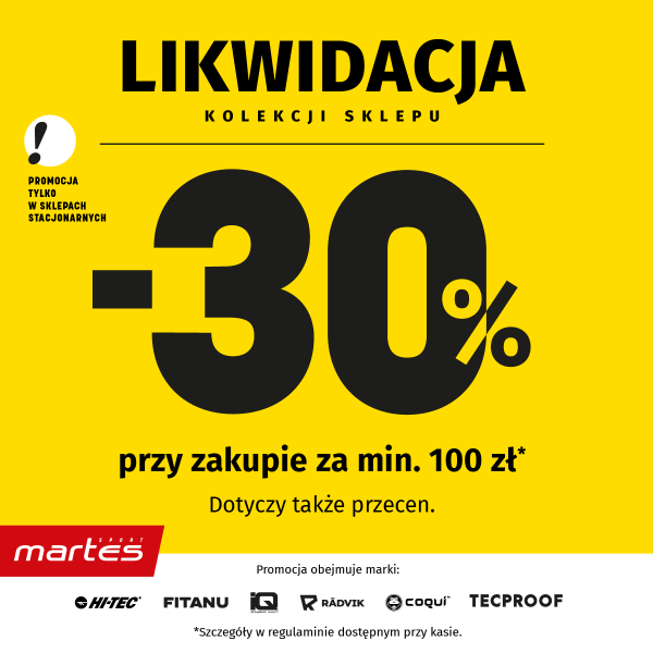Baner promocyjny Martes Sport na wyrazistym, żółtym tle z dużym czarnym napisem „LIKWIDACJA KOLEKCJI SKLEPU” oraz wyróżniającą się wartością rabatu „-30% przy zakupie za min. 100 zł*”. Z lewej strony znajduje się białe koło z wykrzyknikiem i adnotacją „PROMOCJA TYLKO W SKLEPACH STACJONARNYCH”, a poniżej rabatu widnieje informacja „Dotyczy także przecen.”. W lewym dolnym rogu umieszczono czerwono-białe logo „martes SPORT”, a na dole wymieniono logotypy objętych promocją marek: HI-TEC, FITANU, IQ, RĀDVIK, Coquí i TECPROOF wraz z dopiskiem o regulaminie dostępnym przy kasie.