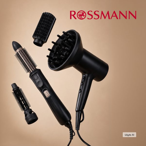Baner promocyjny Rossmann na stonowanym, beżowym tle, przedstawiający czarne urządzenia i akcesoria do stylizacji włosów: suszarkę z dyfuzorem, wielofunkcyjną lokówko-suszarkę oraz trzy wymienne końcówki (szczotki do prostowania i modelowania). W prawym górnym rogu znajduje się czerwone logo „ROSSMANN”, a w prawym dolnym rogu umieszczono szary znaczek z informacją „Użyto AI”.