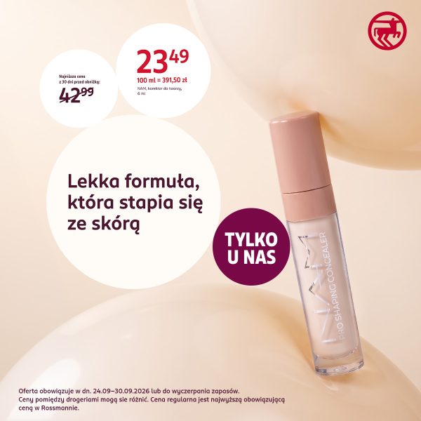 Baner promocyjny Rossmann na beżowym tle, przedstawiający korektor do twarzy NAM Pro Shaping Concealer. Po lewej stronie w białym kółku umieszczono hasło „Lekka formuła, która stapia się ze skórą”, a obok ciemnoróżowy okrągły znaczek z napisem „TYLKO U NAS”. W górnej części widnieją białe kółka z ceną promocyjną 23,49 zł, informacją o przeliczniku (100 ml = 391,50 zł), nazwą produktu „NAM, korektor do twarzy, 6 ml” oraz najniższą ceną z 30 dni przed obniżką (42,99 zł). W prawym górnym rogu znajduje się czerwony sygnet Rossmann (jelonek w kółku), a na dole podano termin obowiązywania oferty: 24.09–30.09.2026 lub do wyczerpania zapasów.