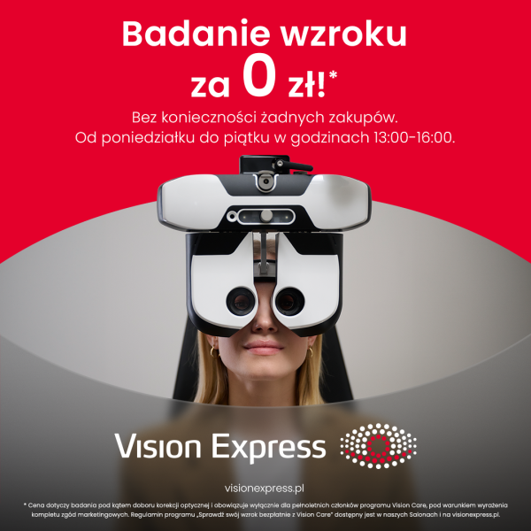 Baner promocyjny Vision Express na czerwono-szarym tle przedstawiający kobietę w trakcie badania wzroku za pomocą foroptera. U góry umieszczono duży biały napis „Badanie wzroku za 0 zł!*” oraz informację „Bez konieczności żadnych zakupów. Od poniedziałku do piątku w godzinach 13:00-16:00.”. Na dole znajduje się białe logo Vision Express, adres strony visionexpress.pl oraz szczegółowy dopisek z gwiazdką dotyczący zasad promocji.