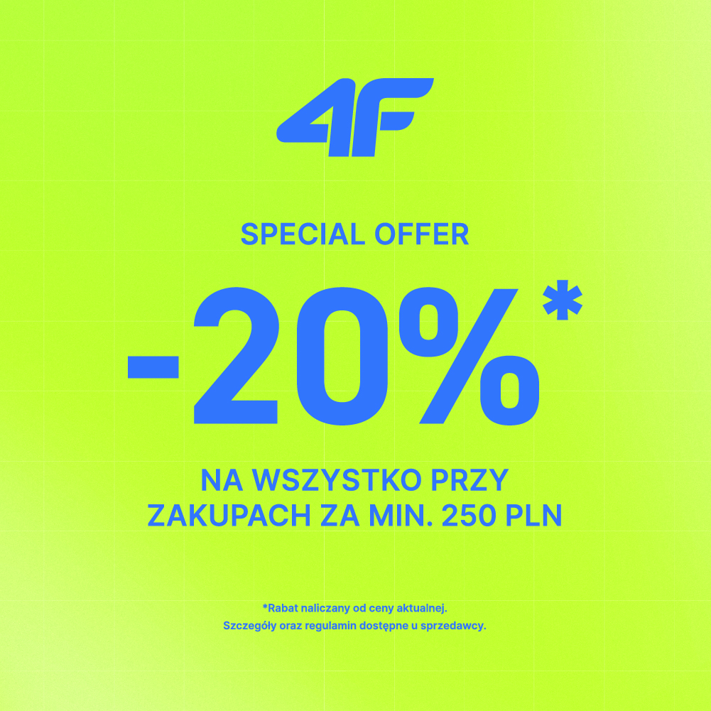 Minimalistyczny baner promocyjny marki 4F na limonkowo-żółtym tle z delikatną siatką. Na środku umieszczono niebieskie logo „4F”, niebieski napis „SPECIAL OFFER” oraz duży rabat „-20%* NA WSZYSTKO PRZY ZAKUPACH ZA MIN. 250 PLN”. Na dole widnieje drobną czcionką adnotacja: „*Rabat naliczany od ceny aktualnej. Szczegóły oraz regulamin dostępne u sprzedawcy.”.