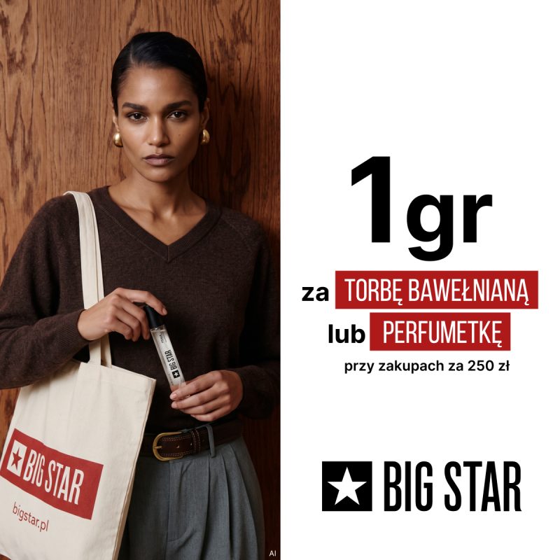 Baner promocyjny marki BIG STAR podzielony na dwie części. Po lewej stronie przedstawiono kobietę na tle drewnianej ściany, trzymającą bawełnianą torbę z czerwonym logo „BIG STAR” oraz perfumetkę w dłoni. W prawym dolnym narożniku zdjęcia umieszczono mały znaczek „AI”. Po prawej stronie, na białym tle, znajduje się duży napis „1 gr za TORBĘ BAWEŁNIANĄ lub PERFUMETKĘ przy zakupach za 250 zł” oraz logo „BIG STAR” w dolnej części.