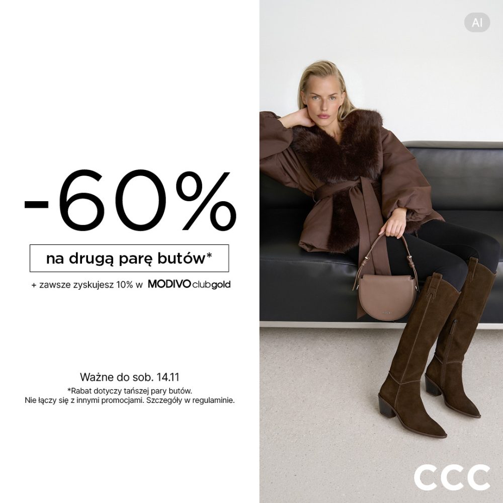 Baner promocyjny marki CCC podzielony na dwie części: po lewej stronie na białym tle znajduje się duży czarny napis „-60%”, poniżej ramka z tekstem „na drugą parę butów*”, informacja „+ zawsze zyskujesz 10% w MODIVO clubgold” oraz na dole szczegóły oferty: „Ważne do sob. 14.11”, adnotacje o rabacie na tańszą parę i braku łączenia z innymi promocjami. Po prawej stronie widoczna jest siedząca na czarnej kanapie blondynka w brązowej kurtce z futerkowym kołnierzem, trzymająca torebkę i ubrana w wysokie brązowe kozaki zamszowe, a w prawym dolnym rogu umieszczono białe logo „CCC”.