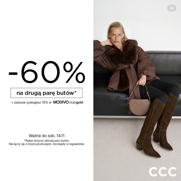 Baner promocyjny marki CCC podzielony na dwie części: po lewej stronie na białym tle znajduje się duży czarny napis „-60%”, poniżej ramka z tekstem „na drugą parę butów*”, informacja „+ zawsze zyskujesz 10% w MODIVO clubgold” oraz na dole szczegóły oferty: „Ważne do sob. 14.11”, adnotacje o rabacie na tańszą parę i braku łączenia z innymi promocjami. Po prawej stronie widoczna jest siedząca na czarnej kanapie blondynka w brązowej kurtce z futerkowym kołnierzem, trzymająca torebkę i ubrana w wysokie brązowe kozaki zamszowe, a w prawym dolnym rogu umieszczono białe logo „CCC”.