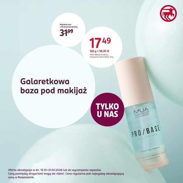 Baner promocyjny Rossmanna w jasnobłękitnej tonacji, przedstawiający flakon galaretkowej bazy pod makijaż MUA MakeUp Academy (PRO/BASE Jelly Primer). W lewej części umieszczono białe koło z napisem „Galaretkowa baza pod makijaż”, cenę promocyjną „17,49” zł (z przelicznikiem 100 g = 58,30 zł) oraz najniższą cenę z 30 dni przed obniżką: „31,99” zł. Obok widnieje fioletowe kółko z hasłem „TYLKO U NAS”, w prawym górnym rogu czerwone logo Rossmanna, a na dole informacja o terminie promocji: 15.10–21.10.2026 r. lub do wyczerpania zapasów.